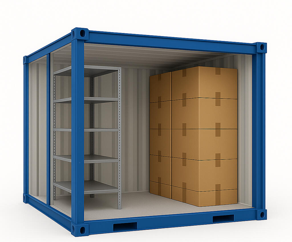 Cutaway view of a 10ft Boxxs Self Storage container showing internal racking and stored boxes inside a clean, secure unit at Mill Road Industrial Estate Linlithgow.